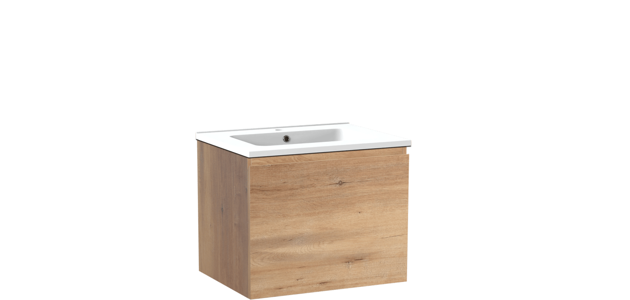 Linie Lado hängendes Möbelstück Set: 60 x 46 cm, Naturbelassene Eiche, mit Vano Einzelwaschtisch, Marmorkomposit Weiß matt