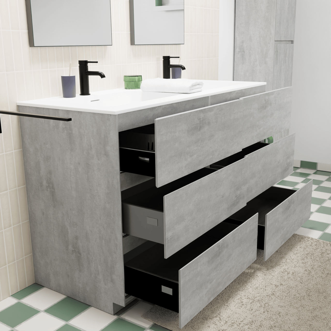 Storke Edge freistehendes Möbelstück Set: 130 x 52 cm, Beton dunkelgrau, mit Mata Doppelwaschtisch, Solid Surface Weiß matt