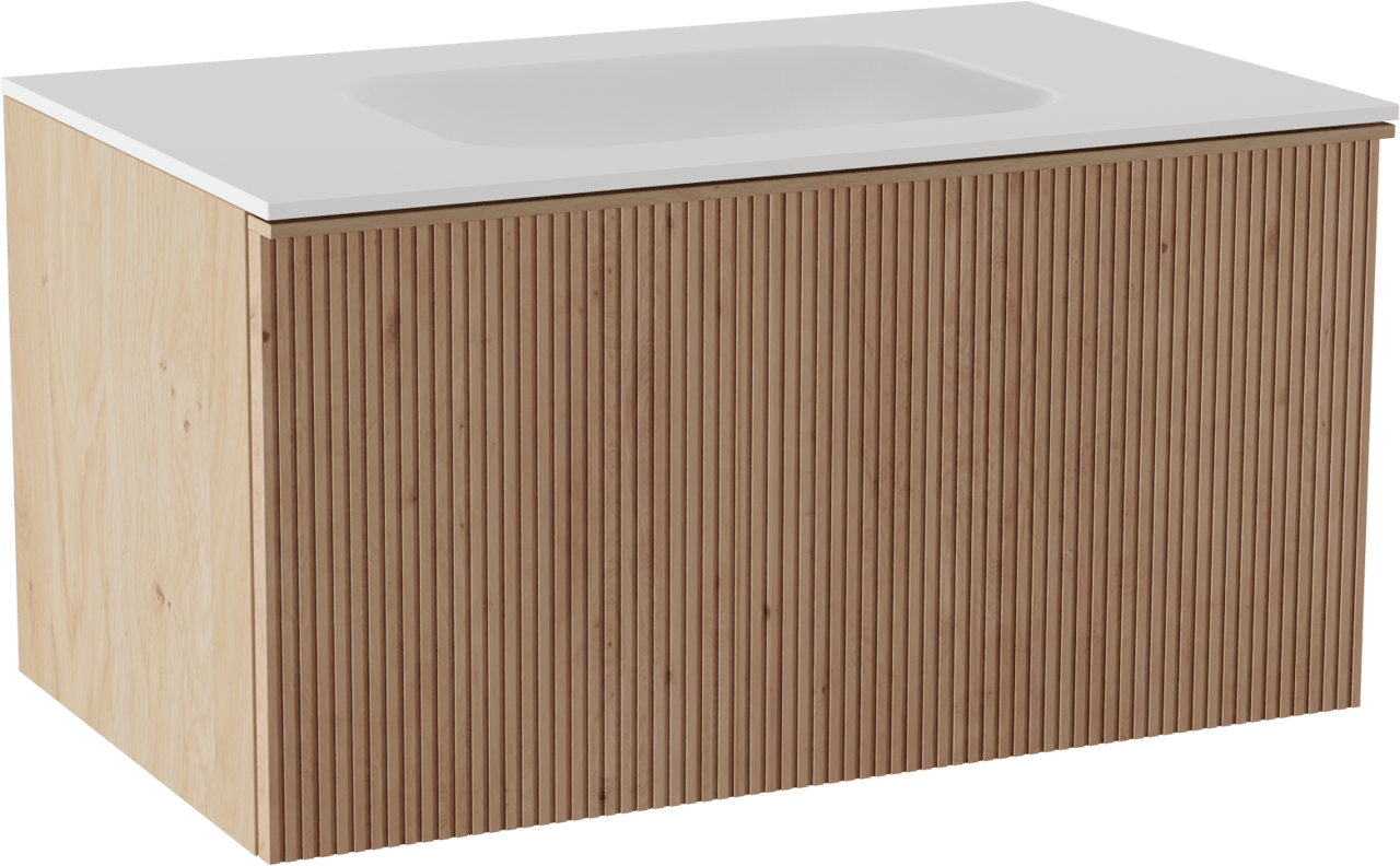 Balmani Forma meuble salle de bains suspendu 90 x 55 cm chêne naturel avec Tablo Arcato plan simple en solid surface blanc mat, Nervure droite symétrique verticale et Giro miroir