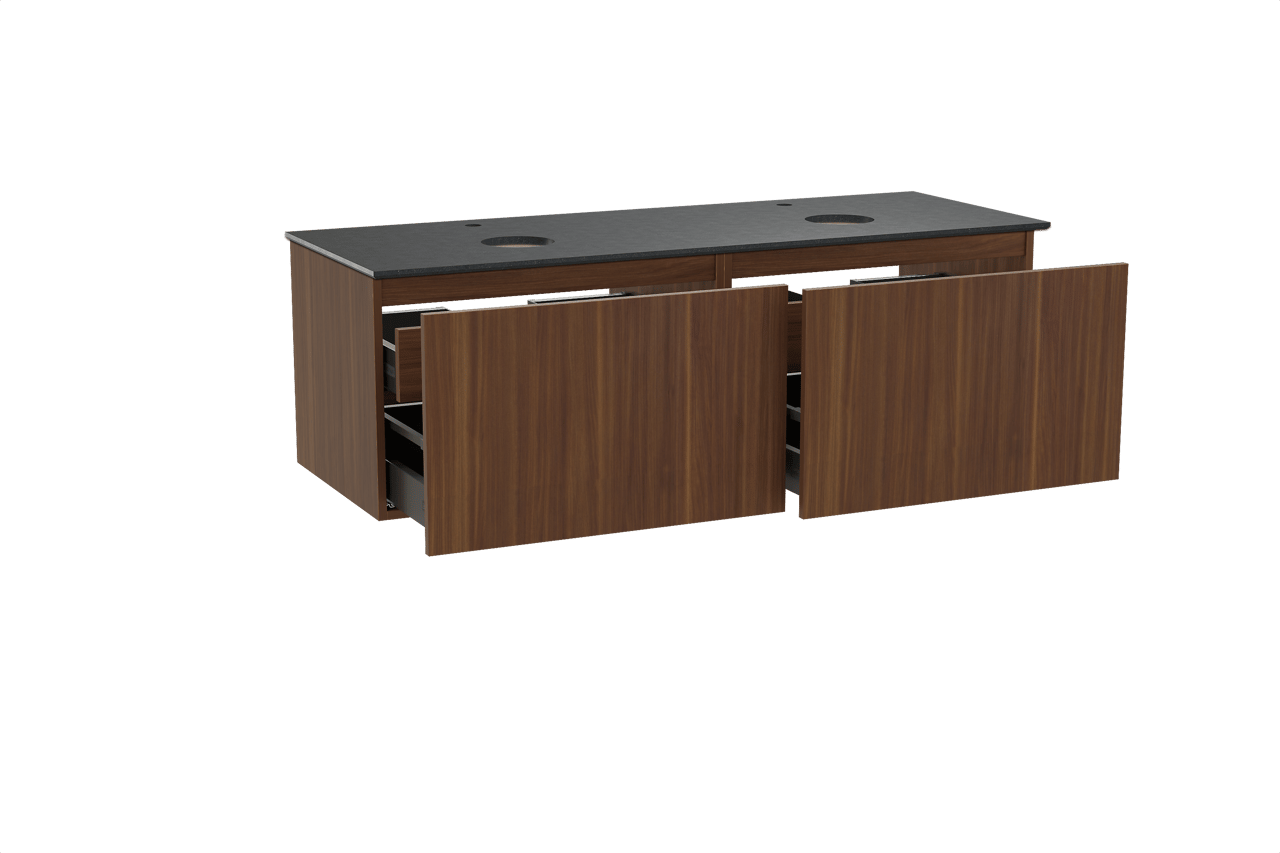 Balmani Sfera zwevend badkamermeubel 150 x 55 cm amerikaanse notelaar met Facetta dubbel tablet in graniet zwart