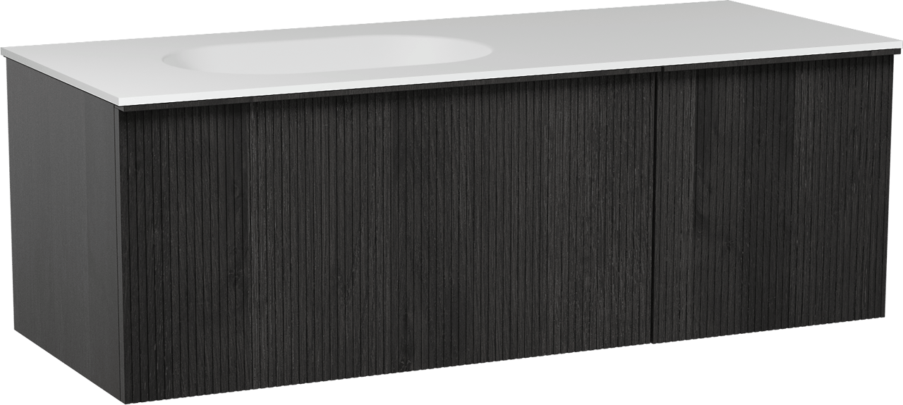 Balmani Forma hängendes Möbelstück Set: 135 x 55 cm, Schwarze Eiche, mit Tablo Oval Waschtisch links, Solid Surface, Weiß matt, Vertikale symmetrische gerade Rippe