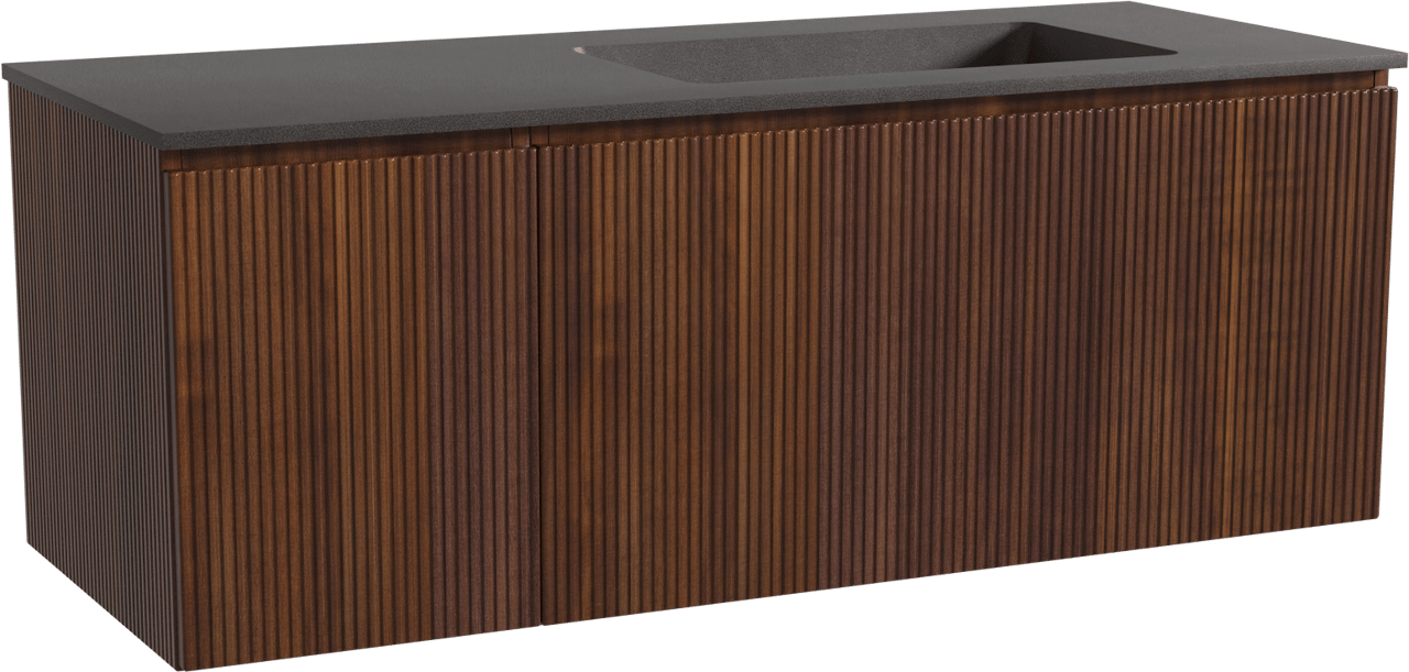 Storke Ribs zwevend badmeubel 130 x 52 cm notenhout met Scuro asymmetrisch rechtse wastafel in kwarts mat zwart, Verticale symmetrische rechte ribbel