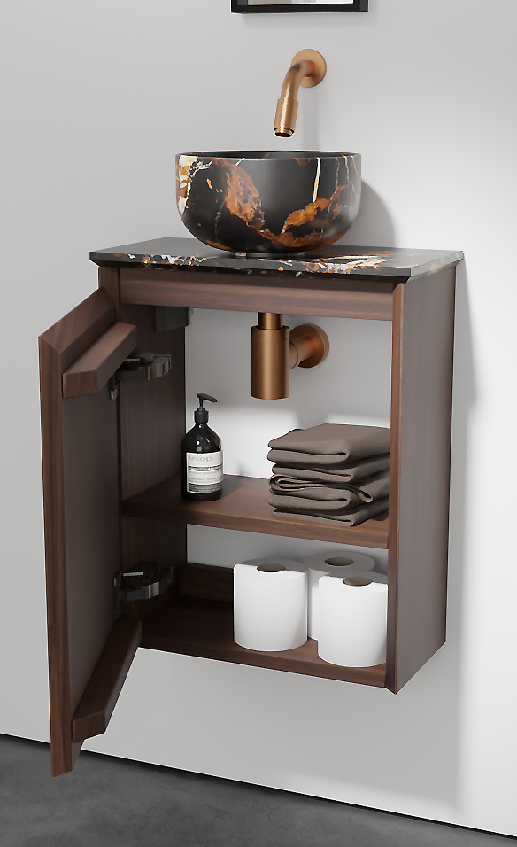 Balmani Mitra meuble wc suspendu 42 x 21 cm noyer américain avec Facetta tablette et Bowl vaque à poser en marbre Portoro Gold