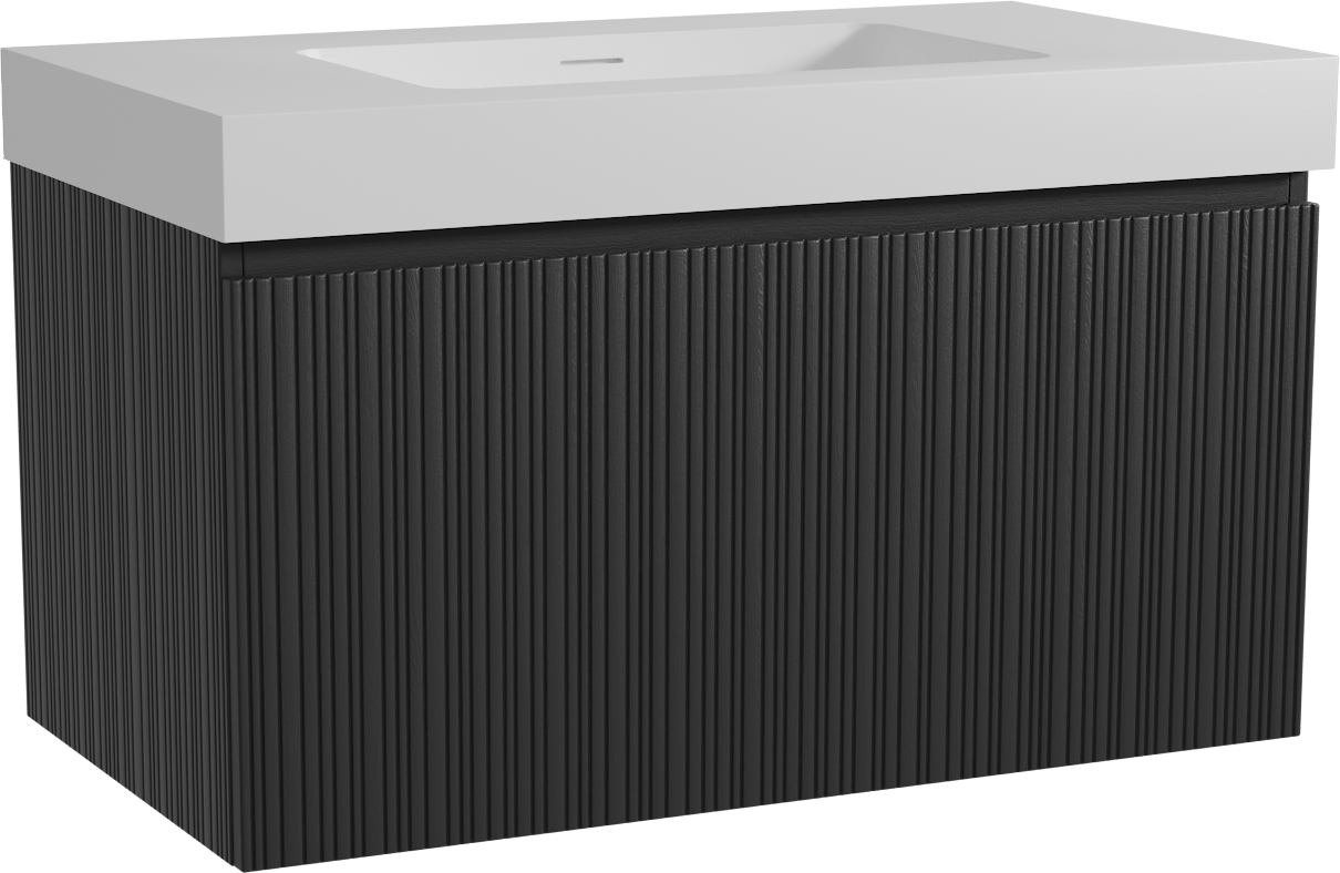 Storke Ribs zwevend badmeubel 95 x 52 cm zwart eiken met Mata High enkele wastafel in solid surface mat wit, Verticale asymmetrische rechte ribbel