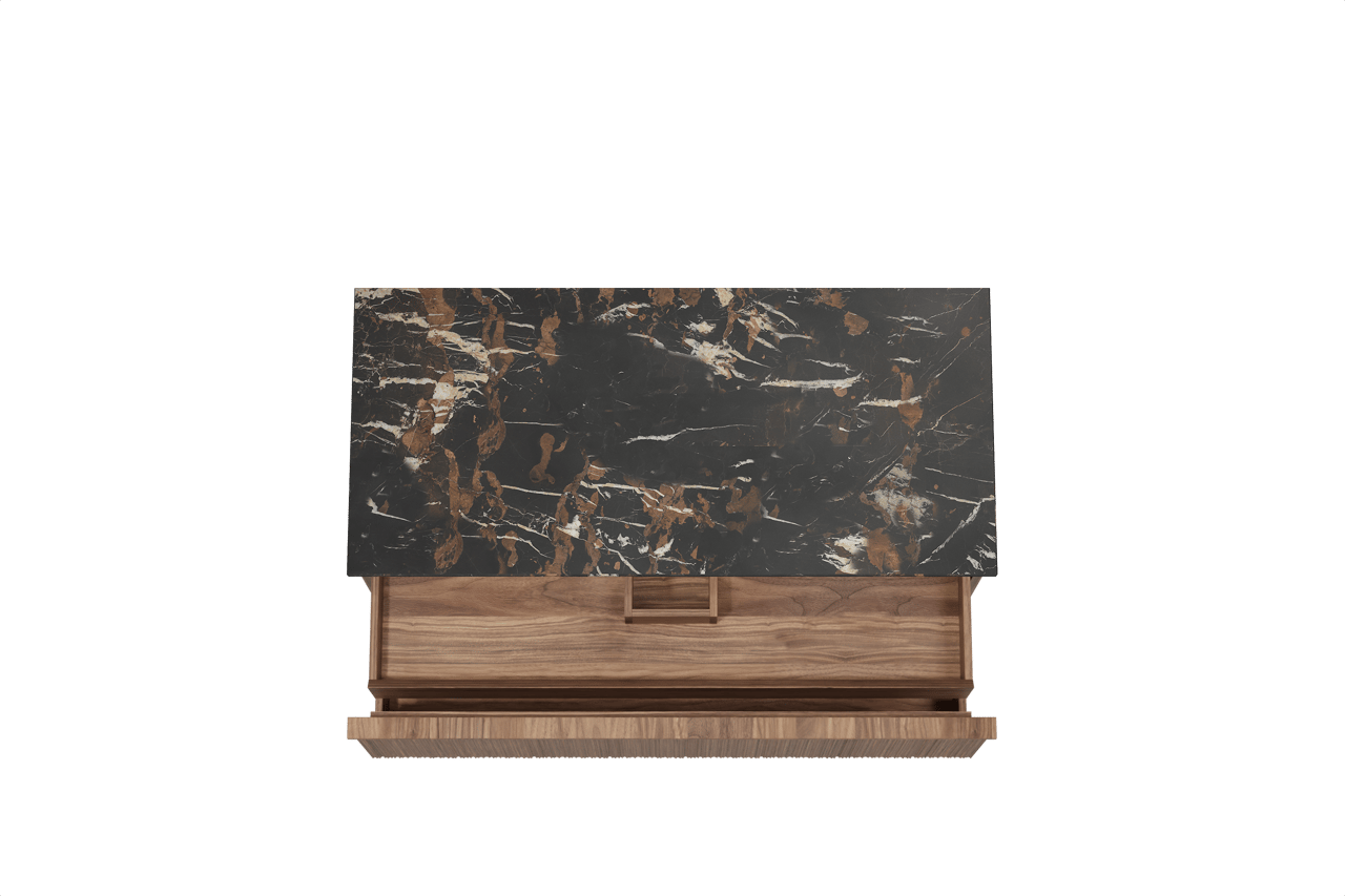 Balmani Forma meuble salle de bains suspendu 120 x 55 cm noyer américain avec Stretto tablette simple en marbre portoro gold, Nervure circulaire asymétrique verticale