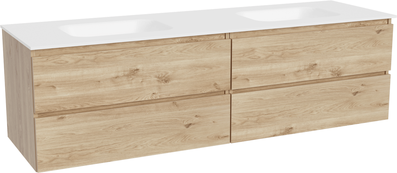 Balmani Lucida zwevend badmeubel 180 x 55 cm ruw eiken met Tablo Arcato dubbele wastafel in solid surface mat wit