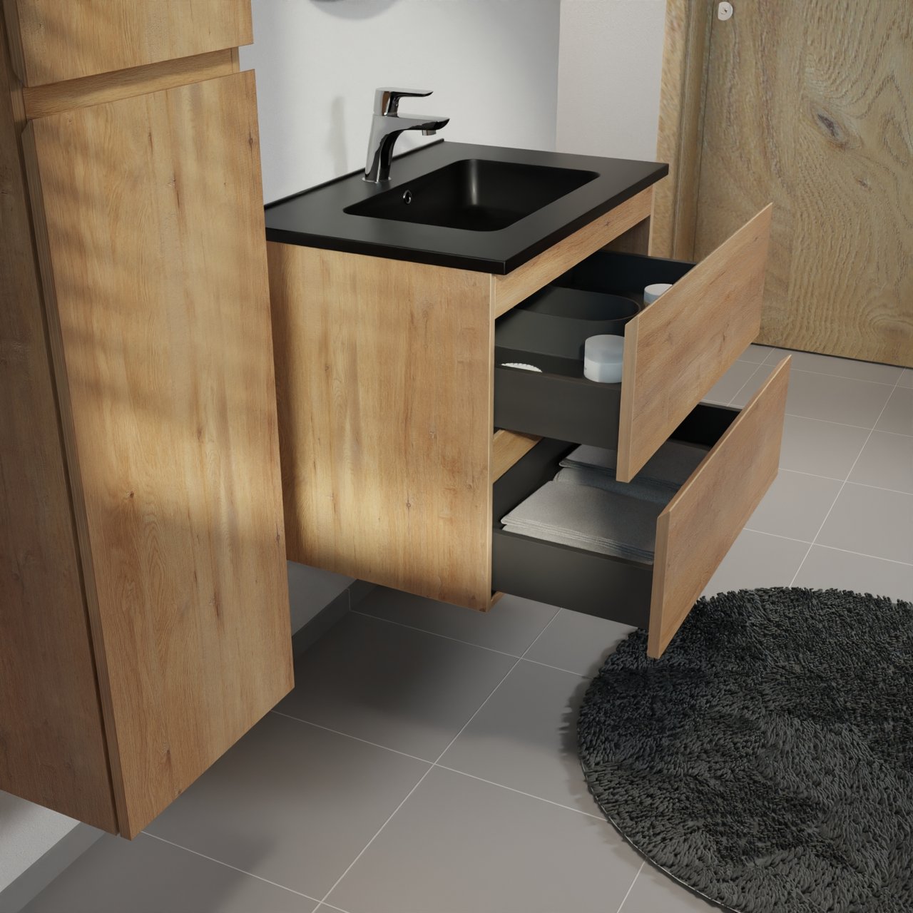 Linie Lado meuble salle de bains suspendu 70 x 46 cm chêne naturel avec Vano plan simple en marbre composite noir mat