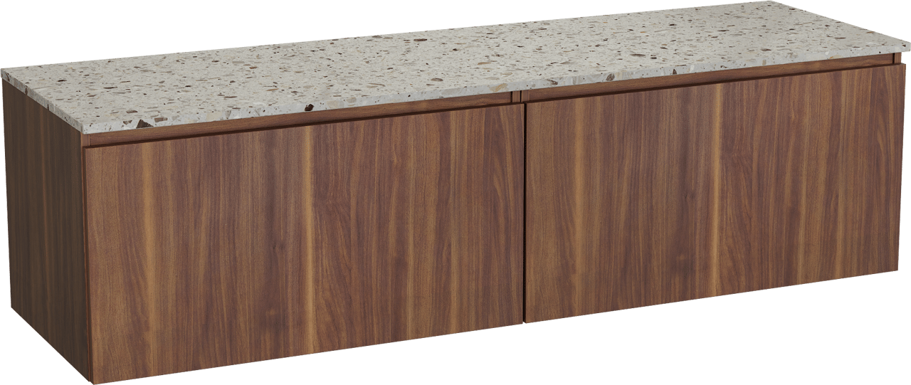 Balmani Sfera meuble salle de bains suspendu 180 x 55 cm noyer américain avec Stretto tablette simple ou double en terrazzo greige terrazzo