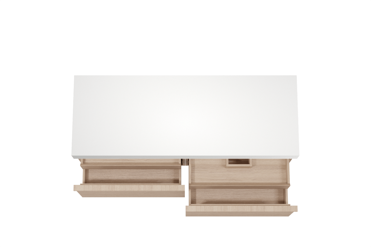 Balmani Forma zwevend badkamermeubel 150 x 55 cm natuur eik met Dominus enkel of dubbel tablet in solid surface mat wit, Horizontale symmetrische rechte ribbel