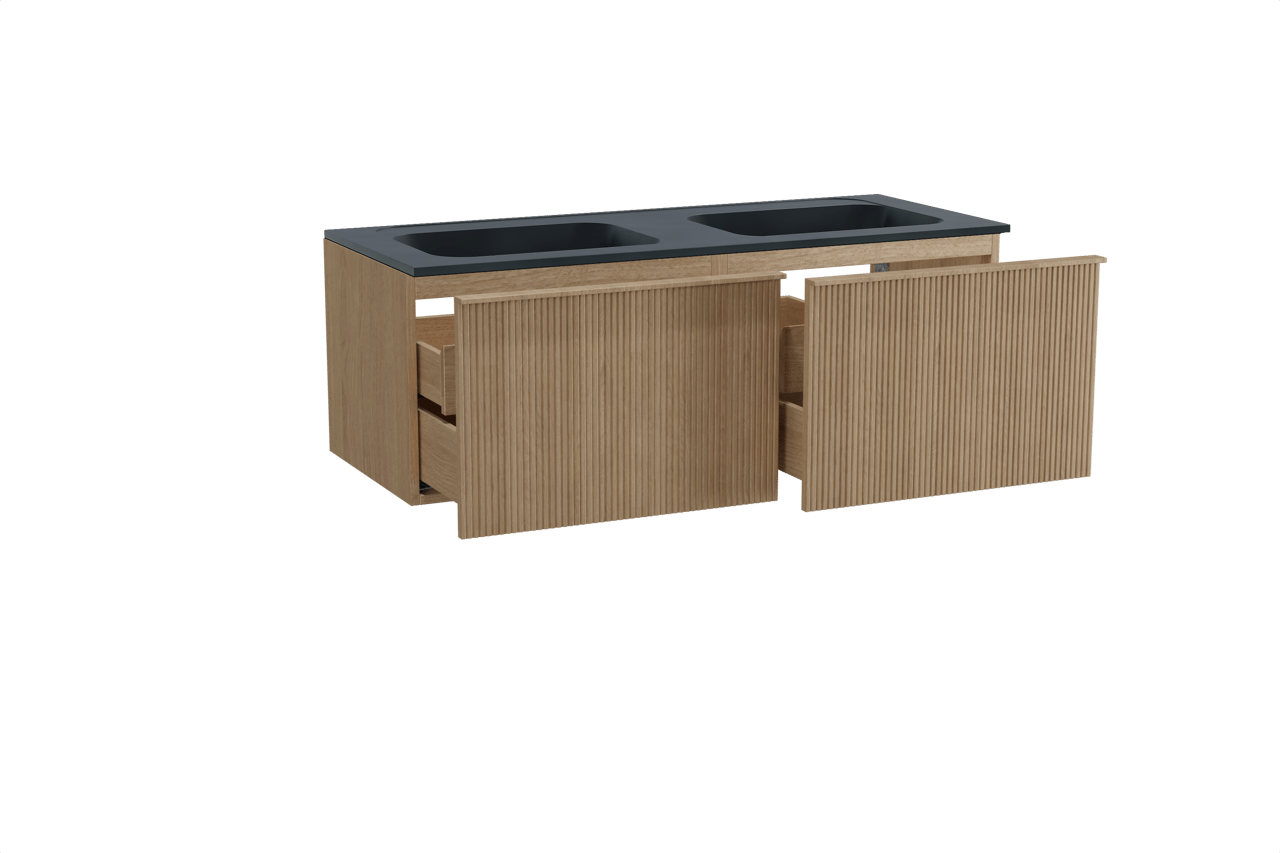 Balmani Forma zwevend badkamermeubel 135 x 55 cm natuur eik met Tablo Strada dubbele wastafel in composietmarmer mat zwart, Verticale symmetrische rechte ribbel