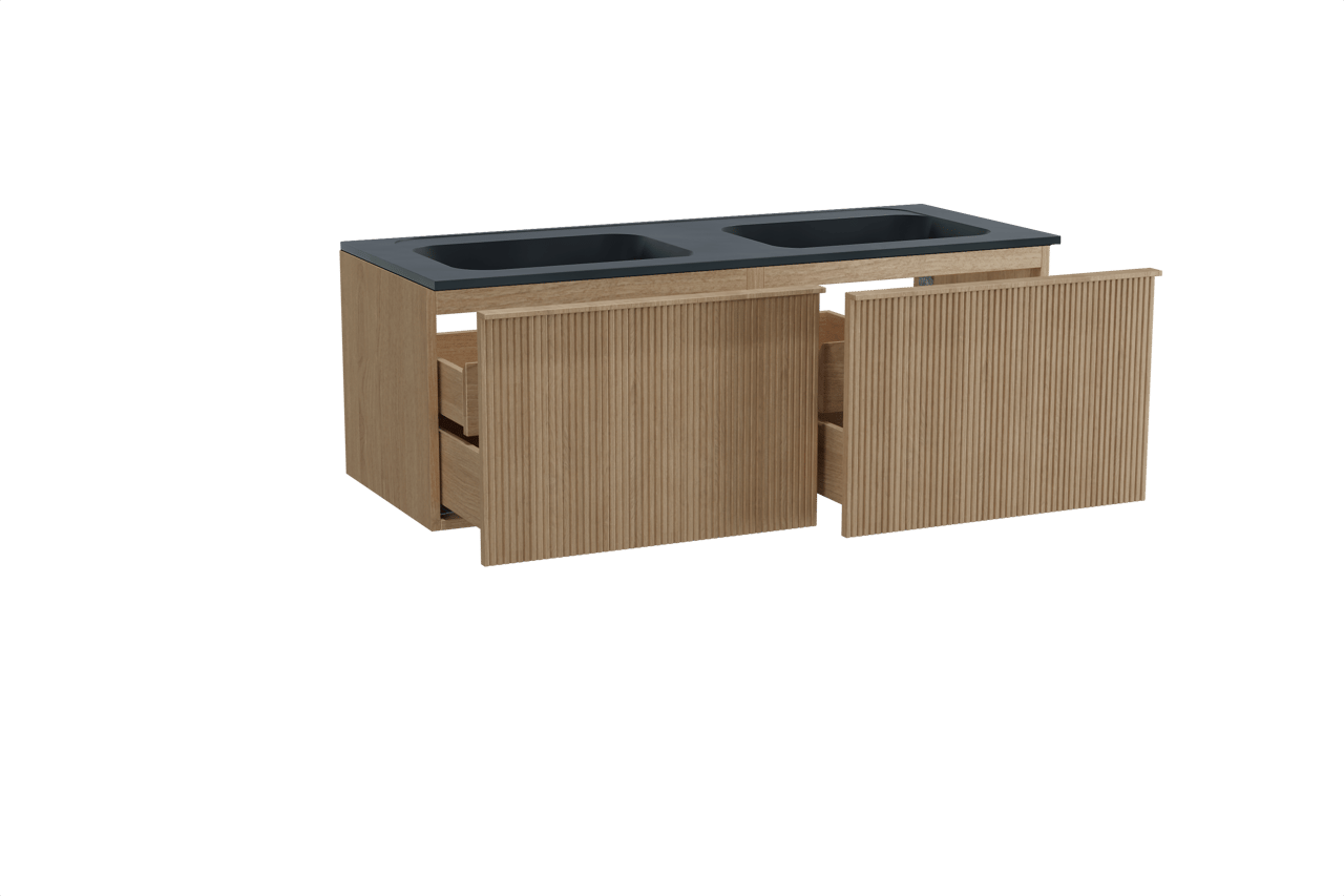 Balmani Forma meuble salle de bains suspendu 135 x 55 cm chêne naturel avec Tablo Strada double vasque en marbre composite noir mat, Nervure droite symétrique verticale