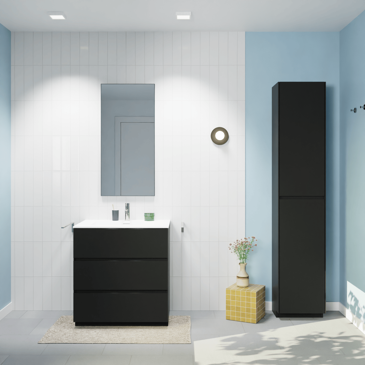 Storke Edge staand badmeubel 75 x 52 cm mat zwart met Mata enkele wastafel in solid surface mat wit