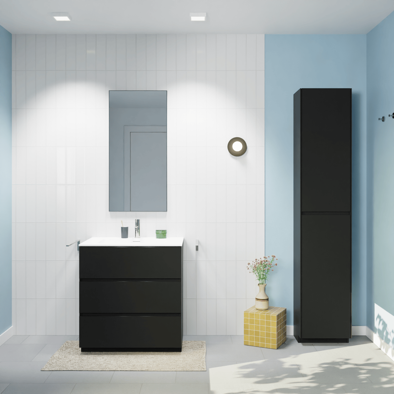 Storke Edge staand badmeubel 75 x 52 cm mat zwart met Mata enkele wastafel in solid surface mat wit