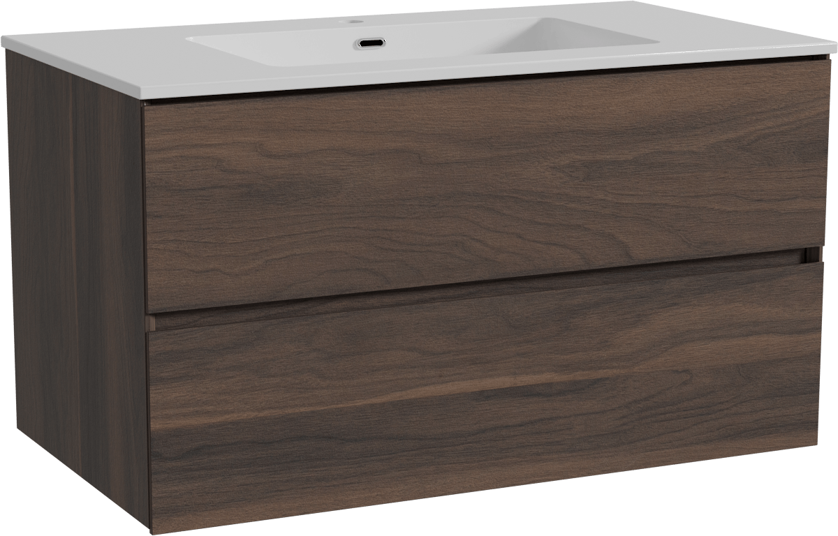 Storke Edge zwevend badkamermeubel 95 x 52 cm notelaar met Diva enkele wastafel in composietmarmer glanzend wit