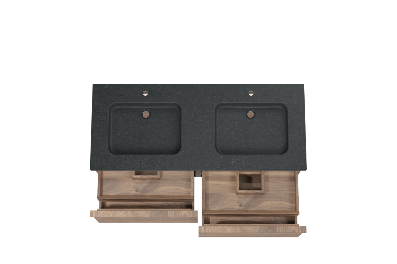 Balmani Forma meuble salle de bains suspendu 135 x 55 cm noyer américain avec Napoli double vasque en granit noir, Nervure droite symétrique horizontale