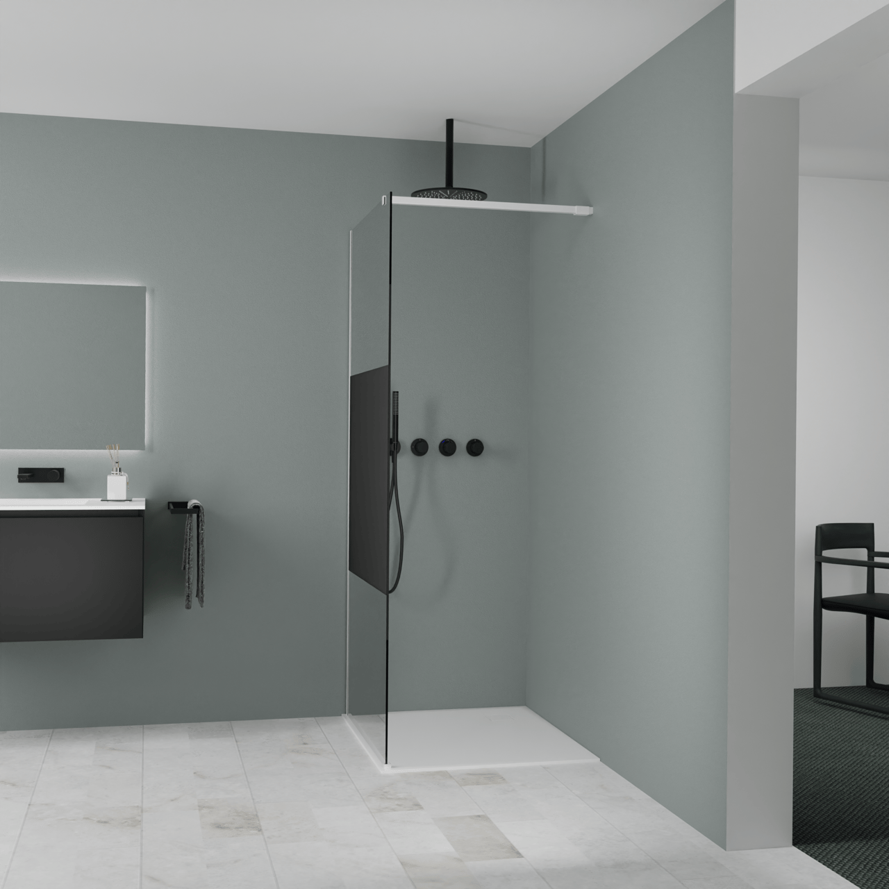 Balmani Modular douche à l'italienne: 90 x 200 cm, Verre fumé avec bande matte, Profil Blanc mat