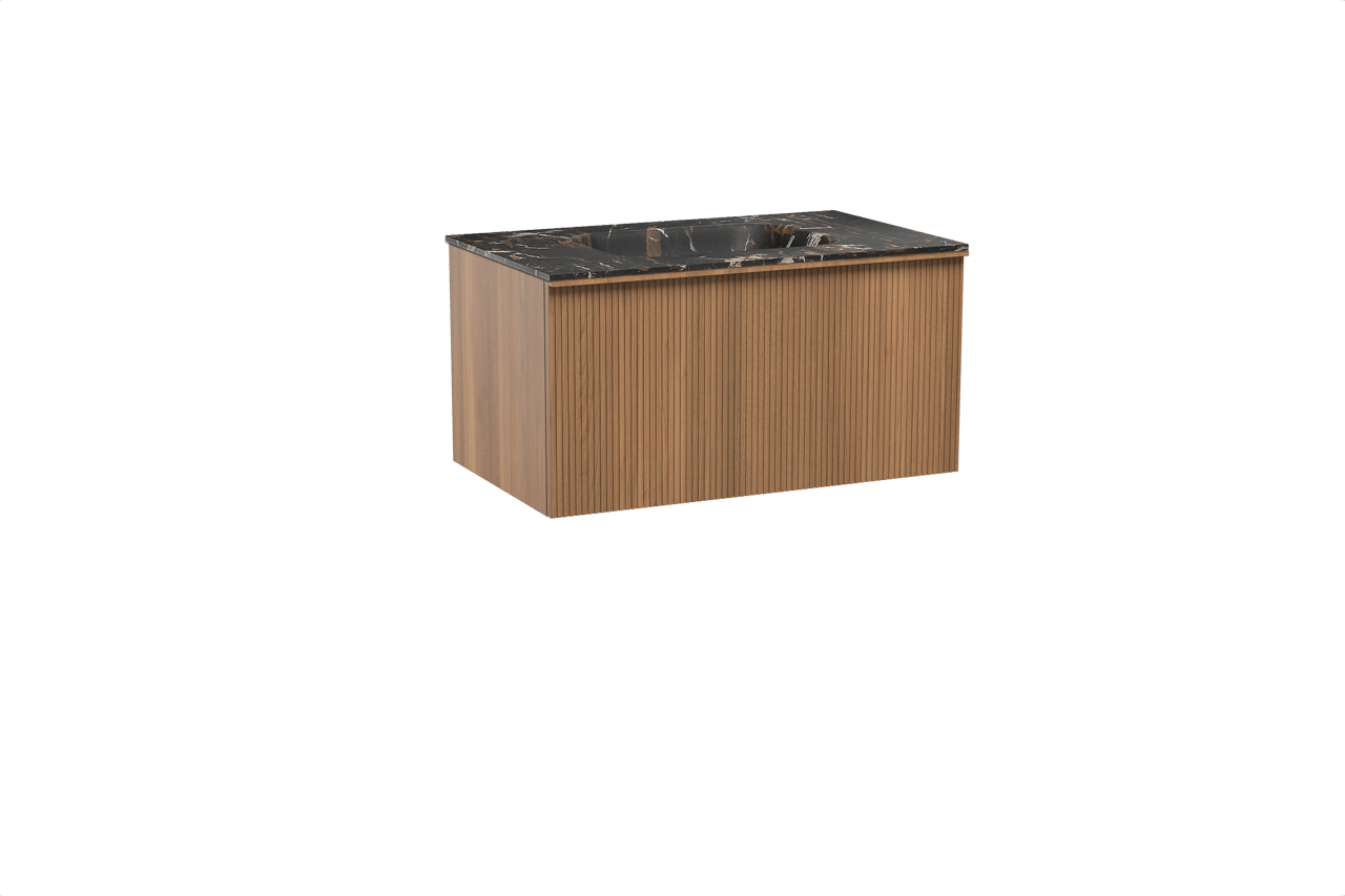 Balmani Forma hängendes Möbelstück Set: 90 x 55 cm, Teak, mit Tablo Arcato Einzelwaschtisch, Marmor, Portoro Gold, Vertikale symmetrische gerade Rippe