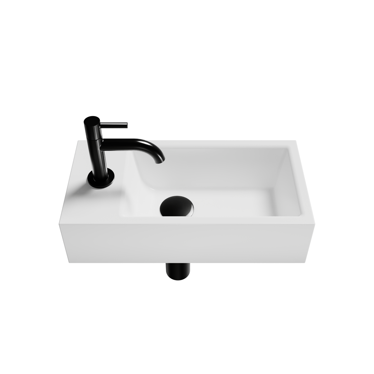 Luca Varess Cubic midi handenwasser glanzend wit Porselein links 40,5 x 20 cm inclusief zwarte kraan en toebehoren