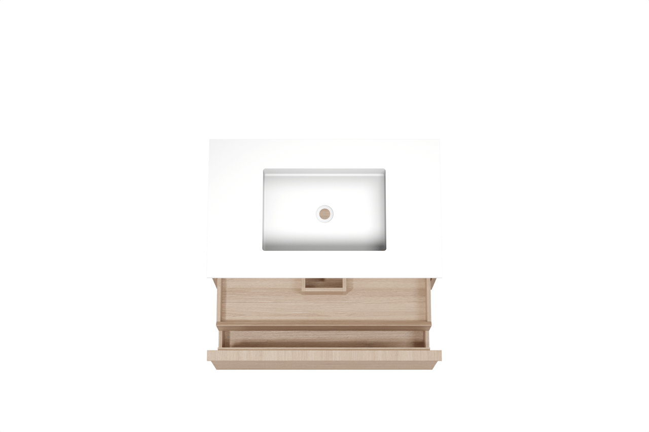 Balmani Forma hängendes Möbelstück Set: 90 x 55 cm, Naturbelassene Eiche, mit Tablo Stretto Einzelwaschtisch, Solid Surface, Weiß matt, Horizontale symmetrische gerade Rippe