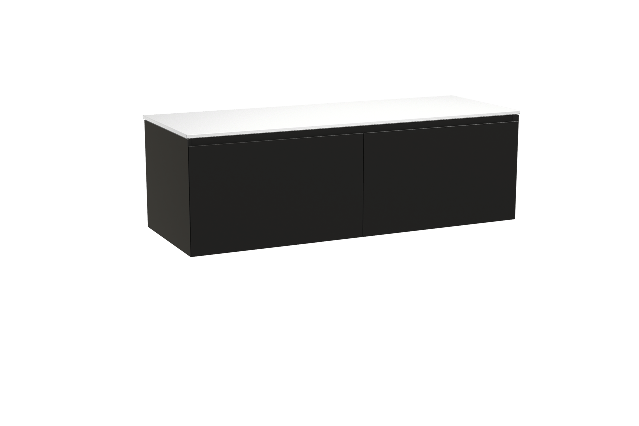 Balmani Idra zwevend badkamermeubel 150 x 55 cm mat zwart met Stretto enkel of dubbel tablet in solid surface mat wit