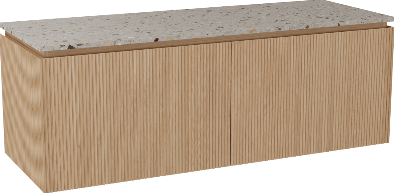 Balmani Eclips meuble salle de bains suspendu 150 x 55 cm Chêne naturelle avec Stretto tablette simple ou double en Terrazzo greige, Nervure droite symétrique verticale