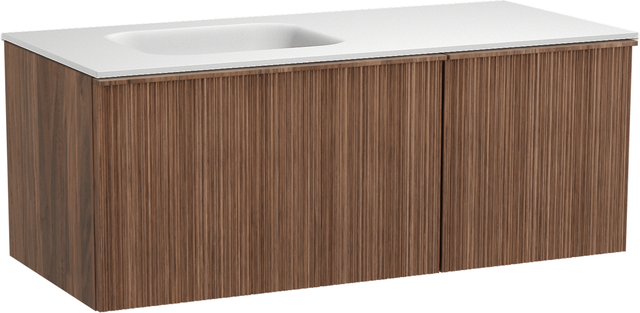 Balmani Forma zwevend badmeubel 120 x 55 cm amerikaans notenhout met Tablo Arcato asymmetrisch linkse wastafel in solid surface mat wit, Verticale asymmetrische ronde ribbel