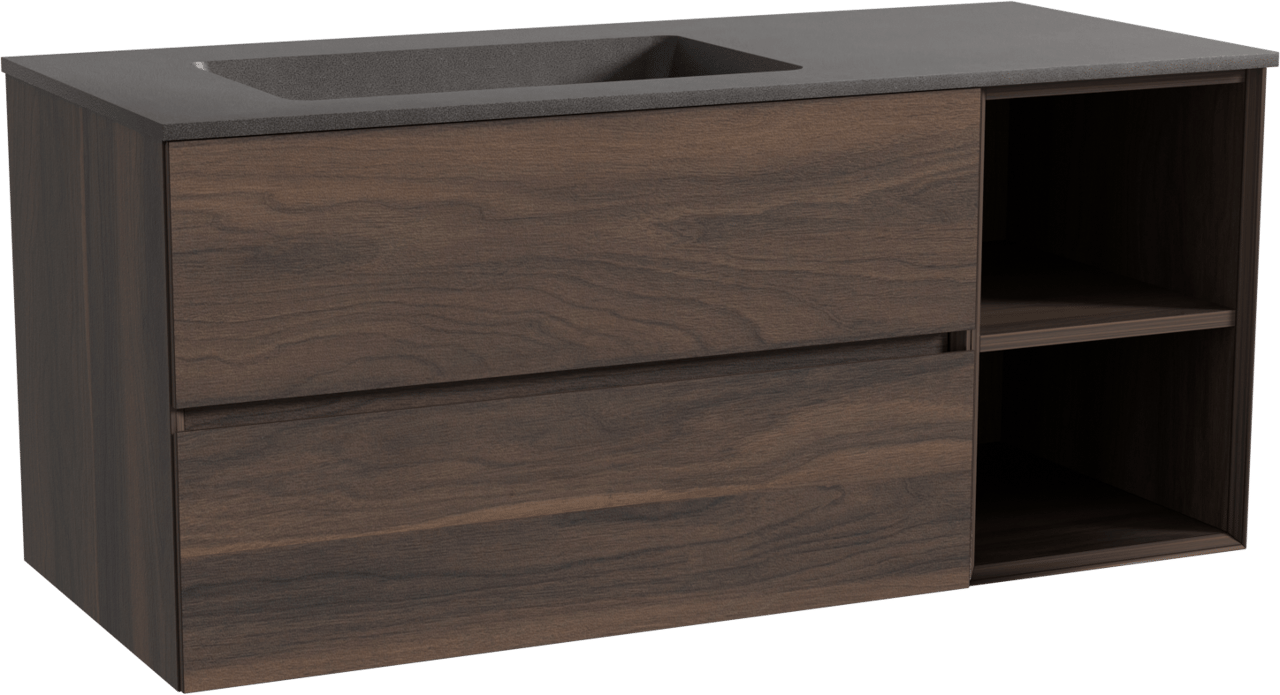 Storke Edge zwevend badkamermeubel 120 x 52 cm notelaar met Scuro asymmetrisch linkse wastafel in kwarts mat zwart