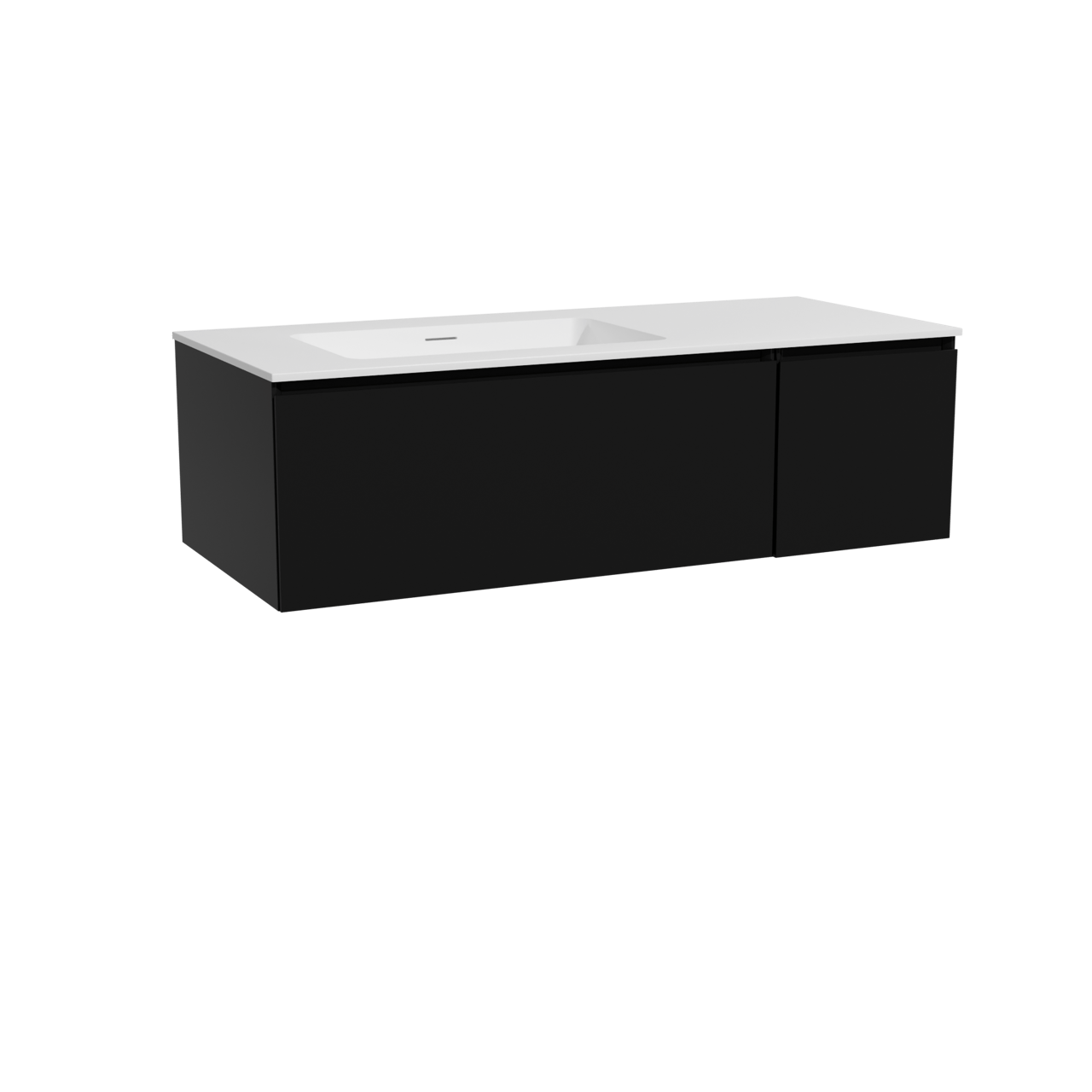 Storke Edge zwevend badmeubel 120 x 52 cm mat zwart met Mata asymmetrisch linkse wastafel in solid surface mat wit