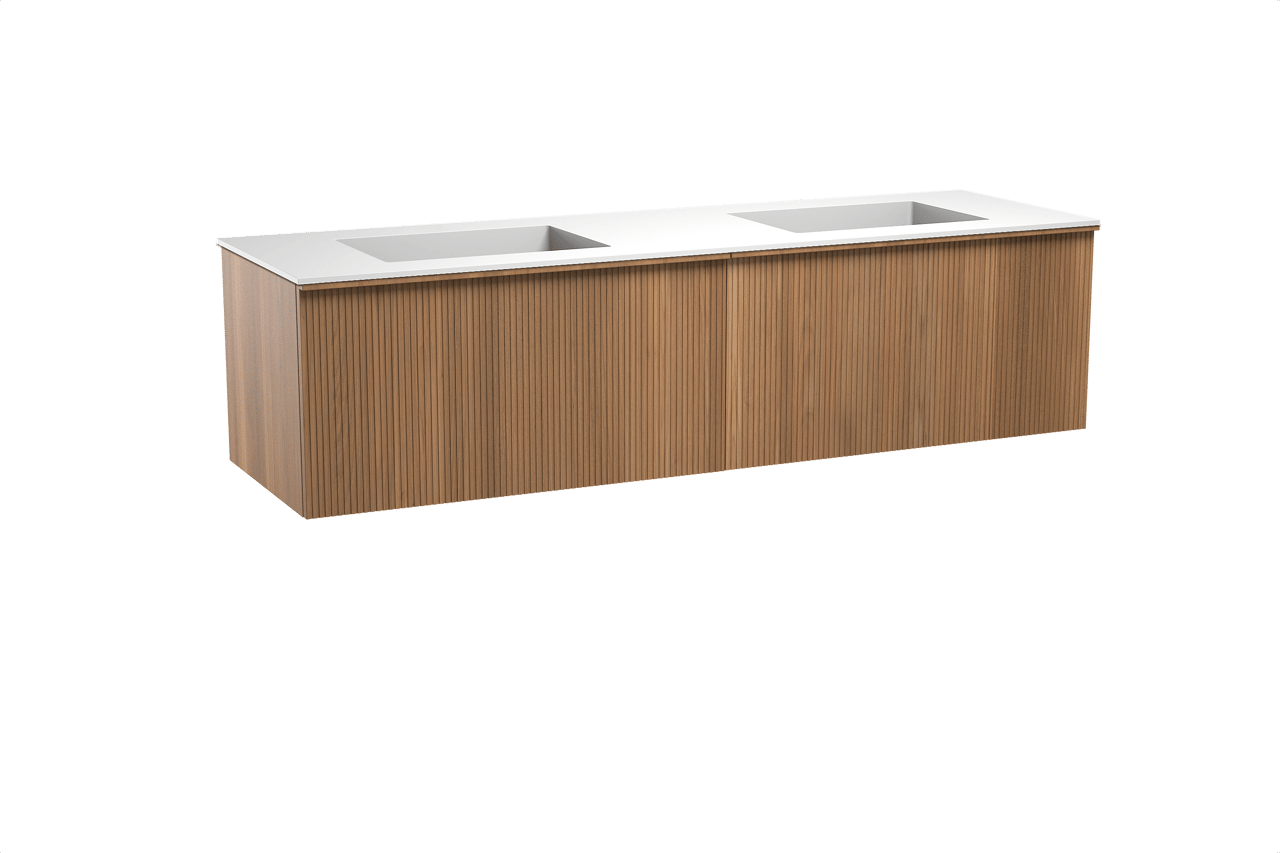 Balmani Forma meuble salle de bains suspendu 180 x 55 cm teck avec Tablo Stretto double vasque en solid surface blanc mat, Nervure droite symétrique verticale