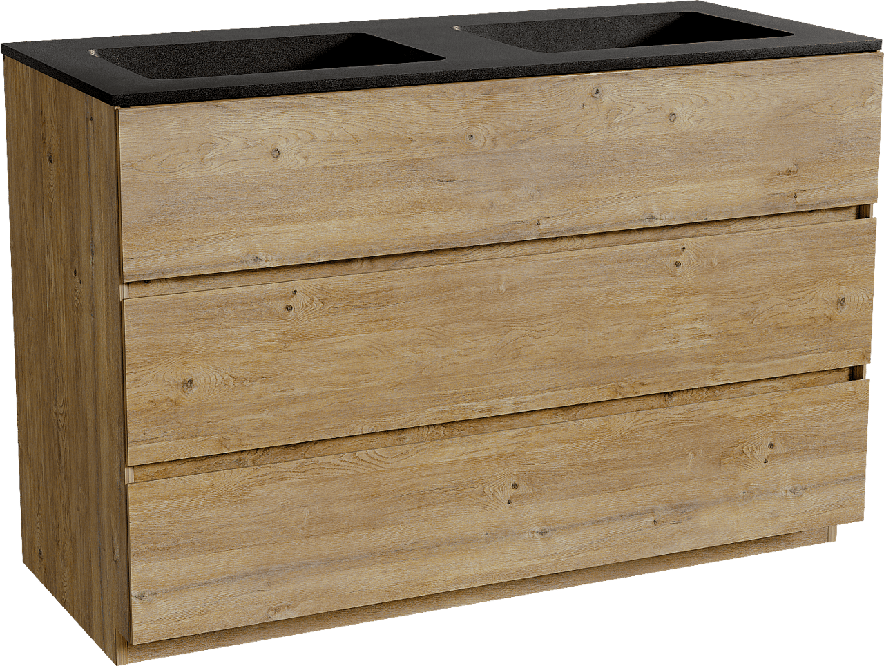 Storke Edge staand badmeubel 120 x 52 cm ruw eiken met Scuro dubbele wastafel in kwarts mat zwart