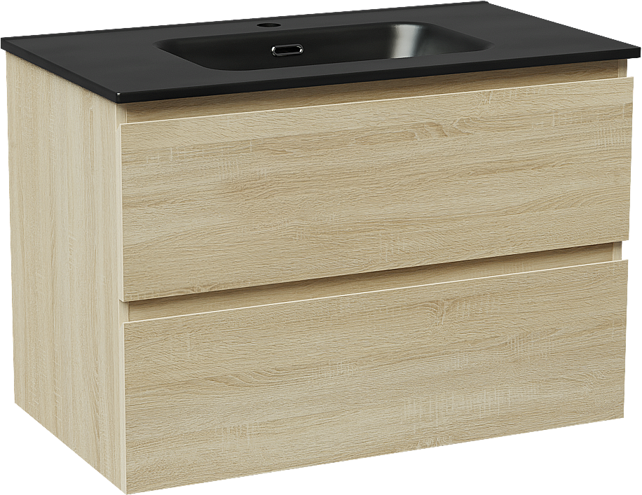Linie Lado hängendes Möbelstück Set: 80 x 46 cm, Weiße Eiche, mit Baro Einzelwaschtisch, Porzellan Schwarz matt
