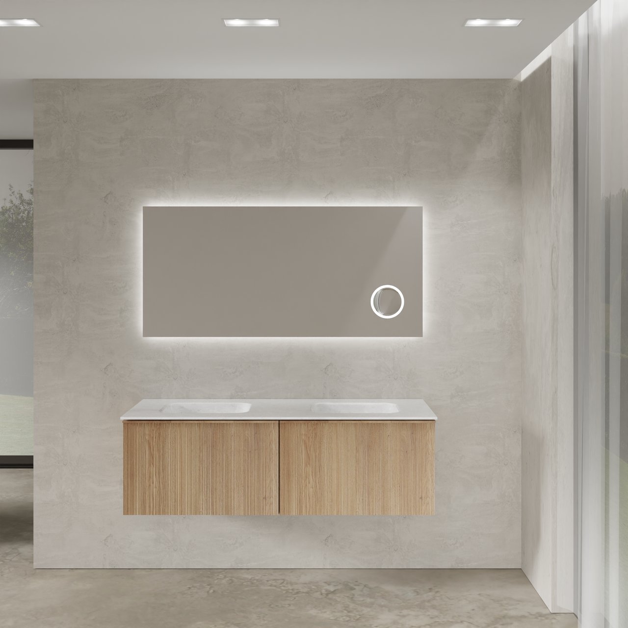 Balmani Forma meuble salle de bains suspendu 150 x 55 cm chêne naturel avec Tablo Arcato double vasque en marbre carrare, Nervure circulaire asymétrique verticale et Giro miroir