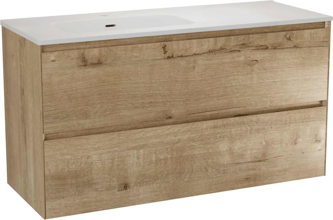 Balmani Mitra Compact zwevend badkamermeubel 120 x 46 cm ruwe eik met Nostra asymmetrisch linkse wastafel in porselein mat wit