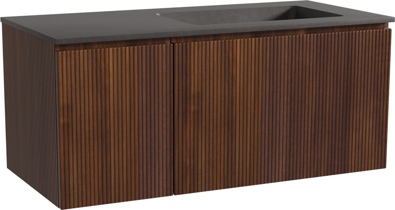 Storke Ribs zwevend badmeubel 110 x 52 cm notenhout met Scuro asymmetrisch rechtse wastafel in kwarts mat zwart, Verticale symmetrische rechte ribbel