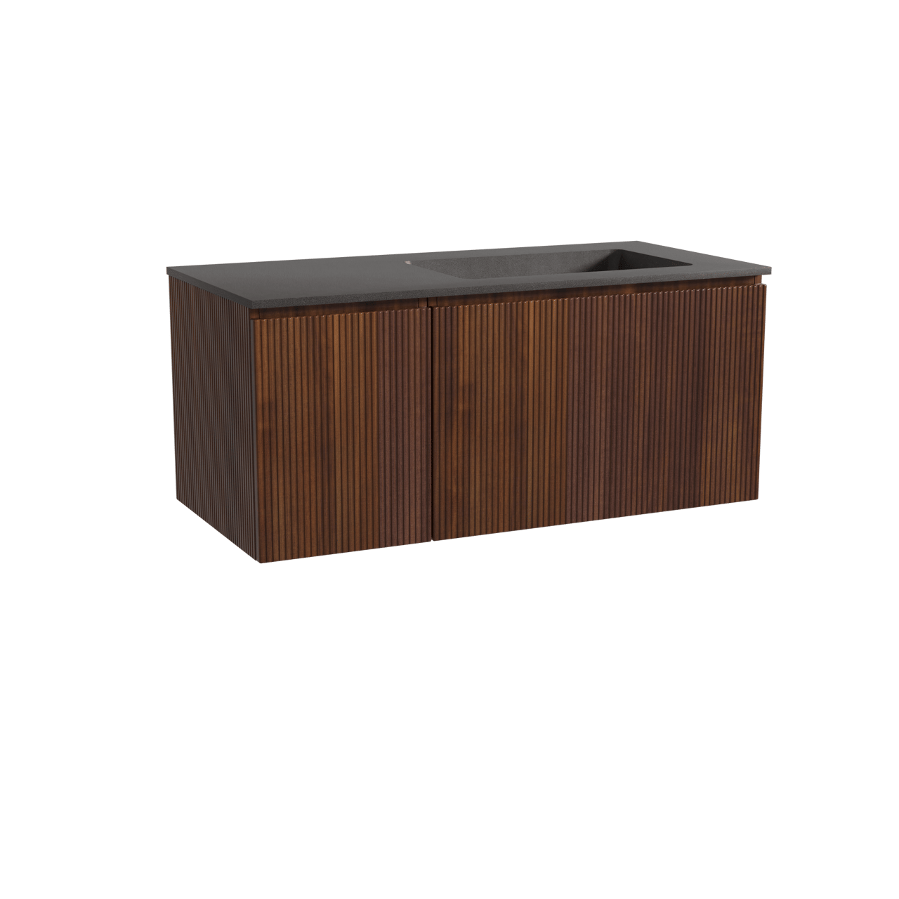 Storke Ribs zwevend badkamermeubel 110 x 52 cm notelaar met Scuro asymmetrisch rechtse wastafel in kwarts mat zwart, Verticale symmetrische rechte ribbel