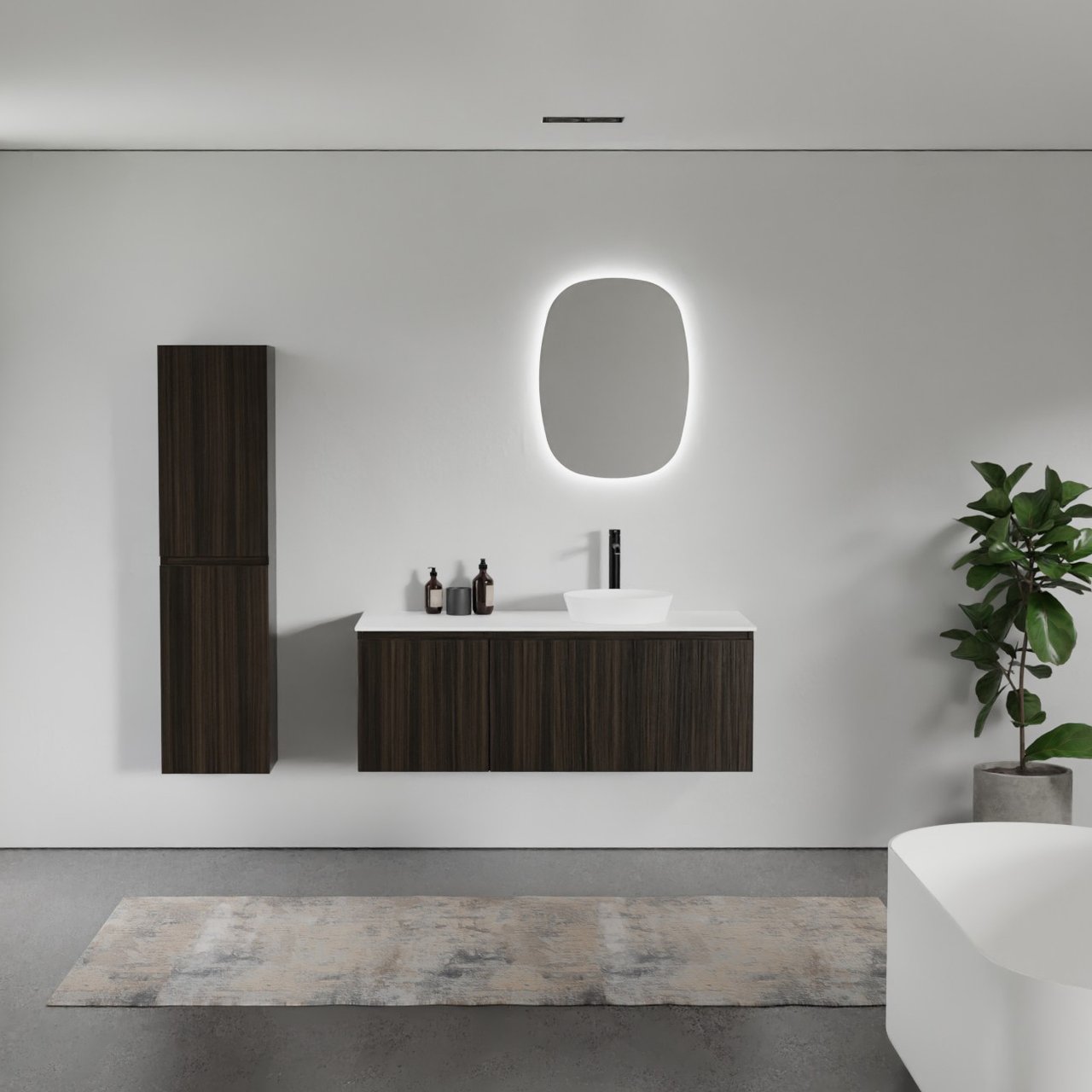 Balmani Sfera zwevend badmeubel 135 x 55 cm eucalyptus met Stretto enkel of dubbel wastafelblad in solid surface mat wit