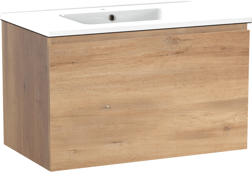 Linie Lado zwevend badmeubel 80 x 46 cm naturel eiken met Vano enkele wastafel in composietmarmer hoogglans wit