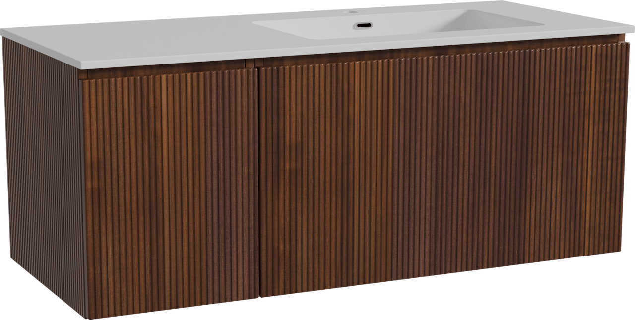 Storke Ribs zwevend badkamermeubel 120 x 52 cm notelaar met Diva asymmetrisch rechtse wastafel in composietmarmer glanzend wit, Verticale symmetrische rechte ribbel