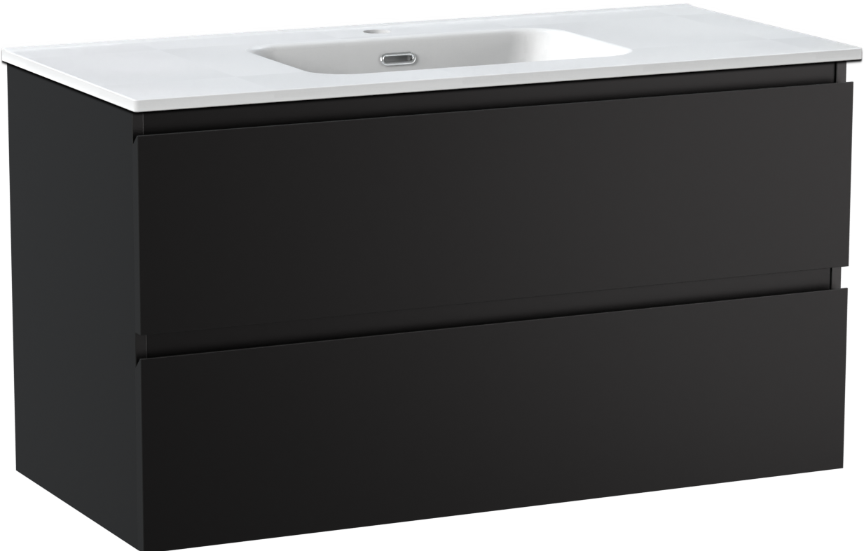 Linie Lado hängendes Möbelstück Set: 100 x 46 cm, Schwarz matt, mit Baro Einzelwaschtisch, Porzellan Weiß matt