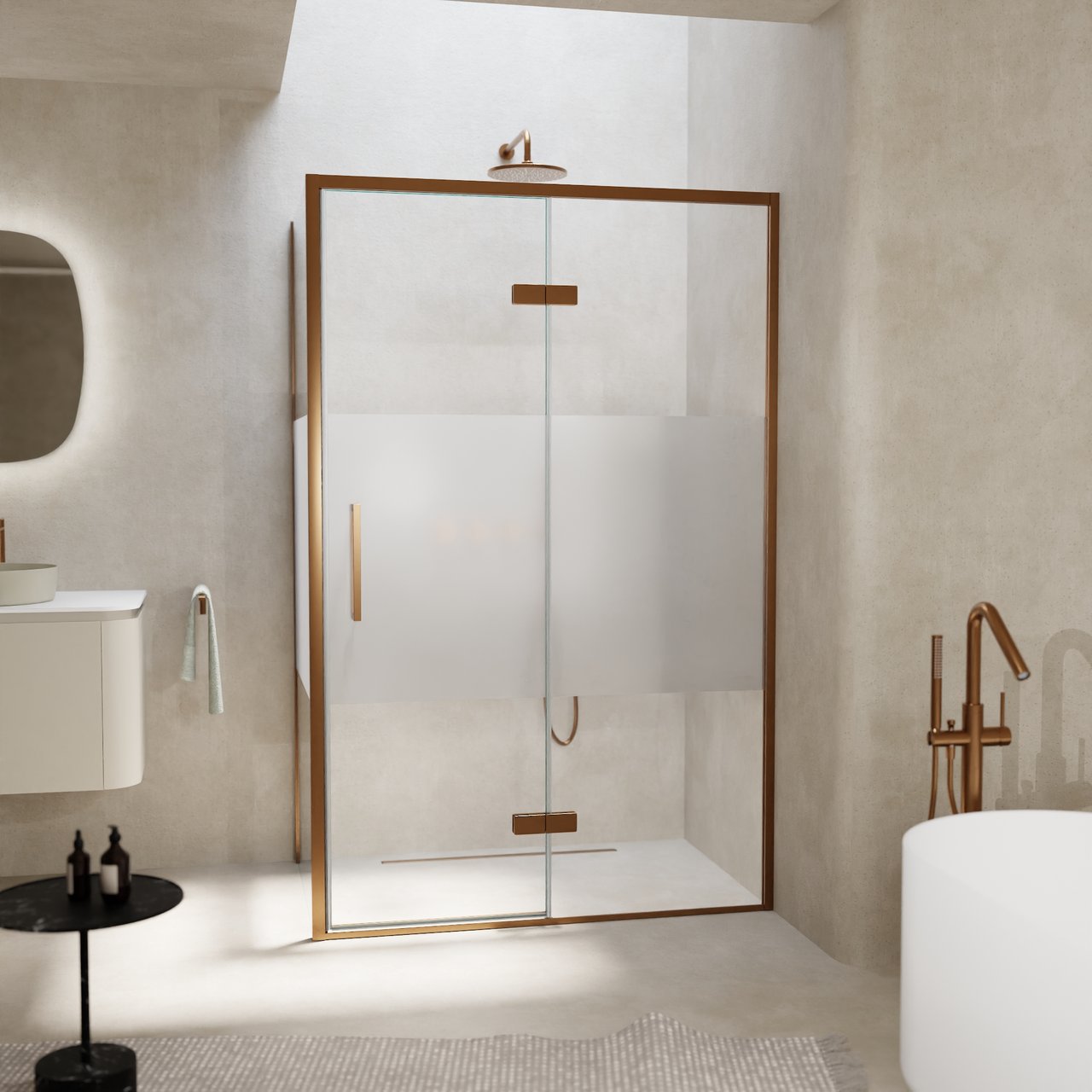 Balmani Senses Design Eckdusche: Drehtür (Rechts) mit fixierte Seitenwand, 120 x 90 cm, Klarglas mit mattiertem Streifen, Profil Brushed Rosegold