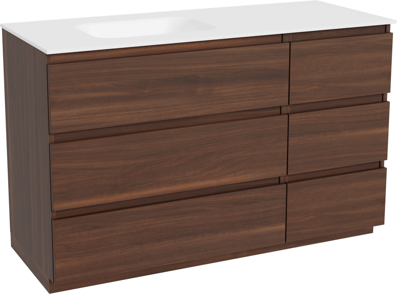 Balmani Lucida freistehendes Möbelstück Set: 135 x 55 cm, Amerikanischer Nussbaum, mit Tablo Arcato Waschtisch links, Solid Surface Weiß matt