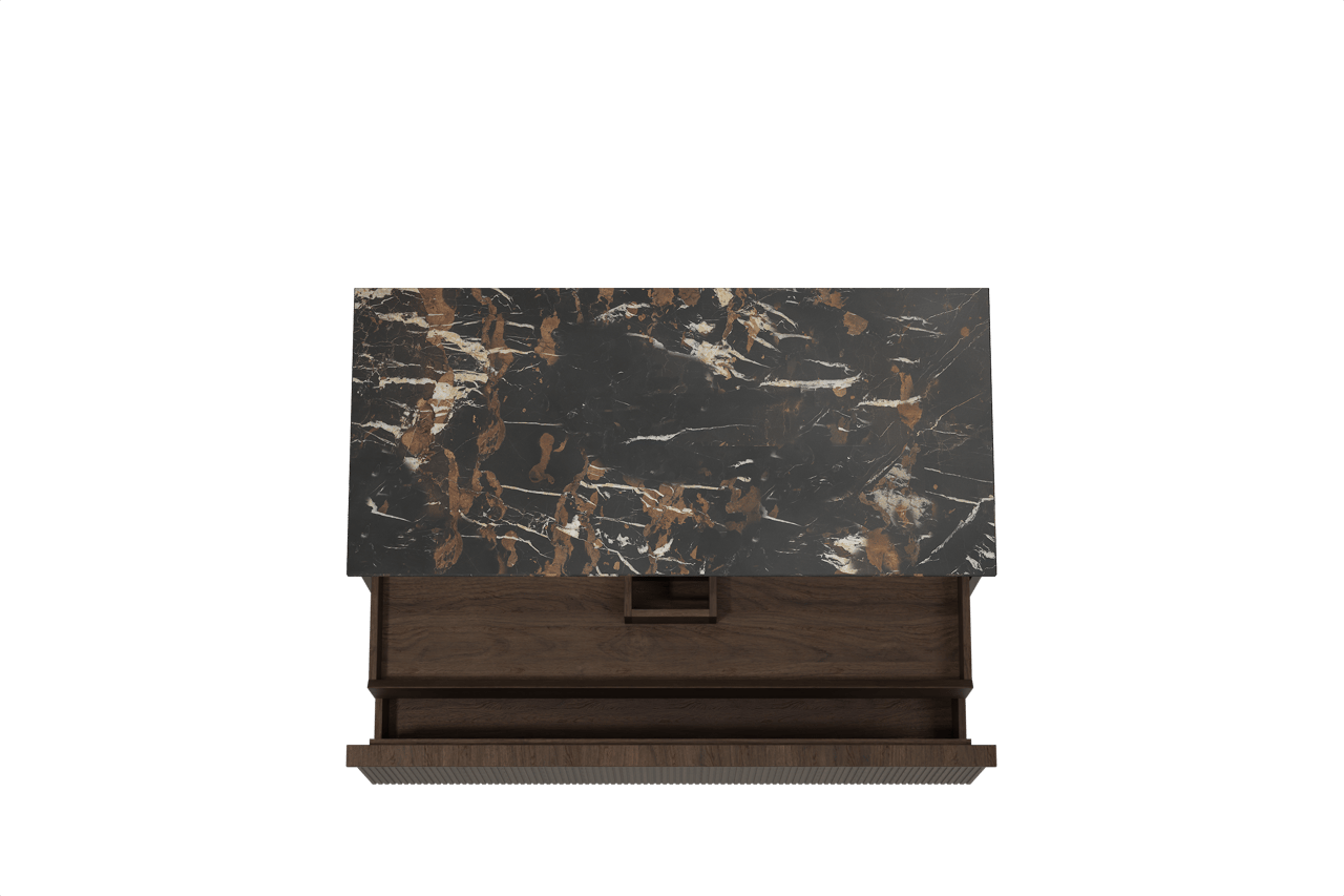 Balmani Forma meuble salle de bains suspendu 120 x 55 cm chêne fumé avec Stretto tablette simple en marbre portoro gold, Nervure droite symétrique verticale