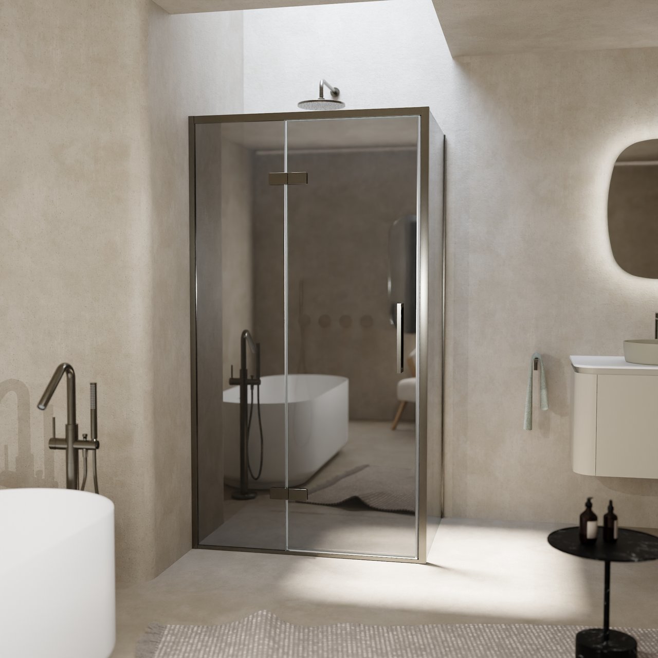 Balmani Senses Design douche en coin avec porte pivotante à gauche et paroi latérale fixe, 100 x 80 cm, Miroir Reflex, Profil Brushed GunMetal, coating inclus, coating inclus