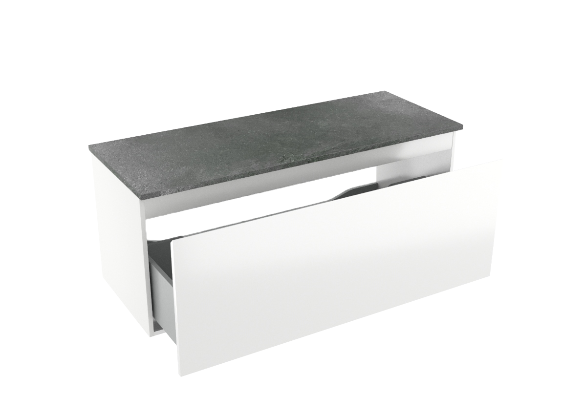 Linie Lado hängendes Möbelstück Set: 120 x 46 cm, Weiß glänzend, mit Lado Einzel- oder Doppel Waschtischplatte, Melamin Schiefergrau