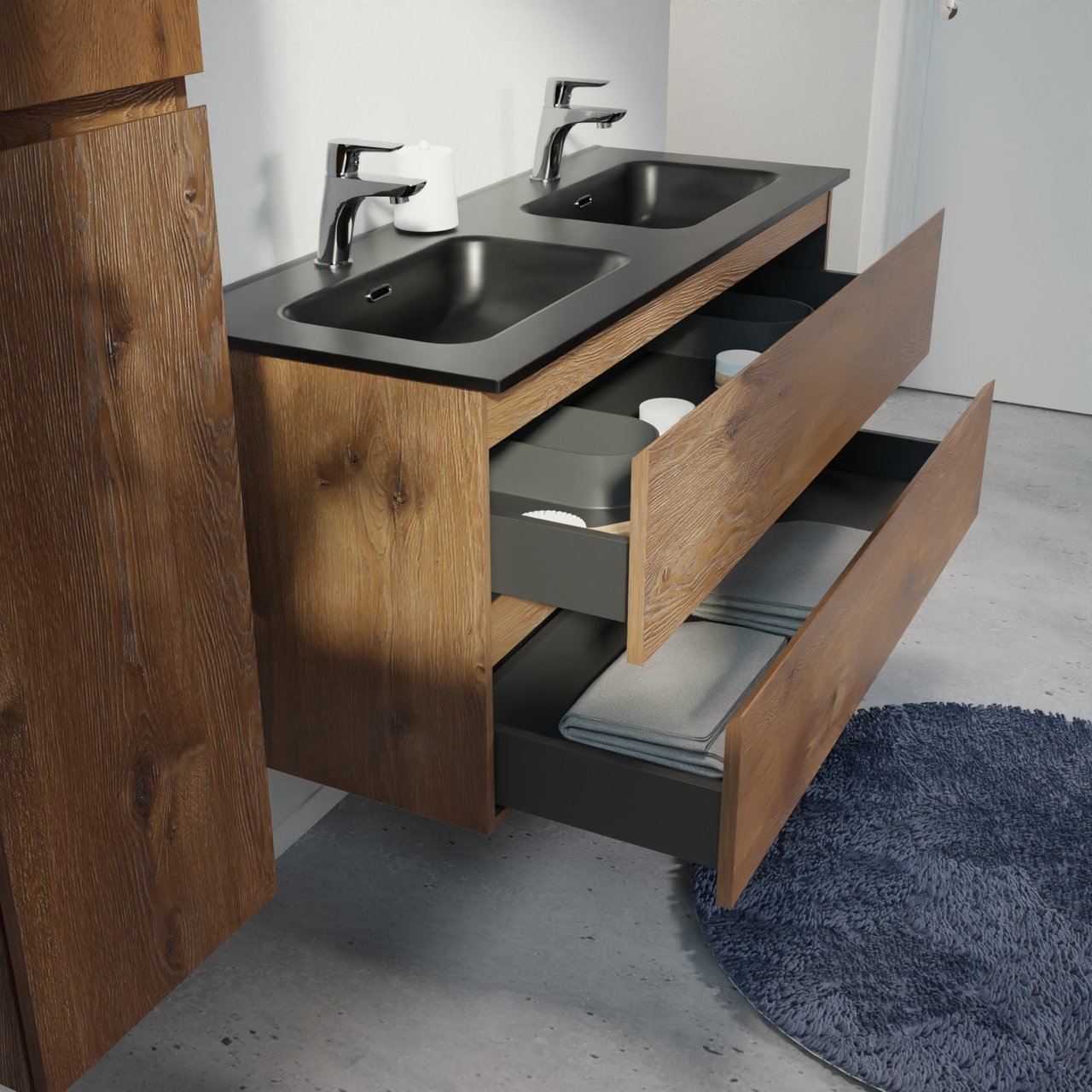 Linie Lado meuble salle de bains suspendu 120 x 46 cm chêne brun avec Baro double vasque en porcelaine noir mat