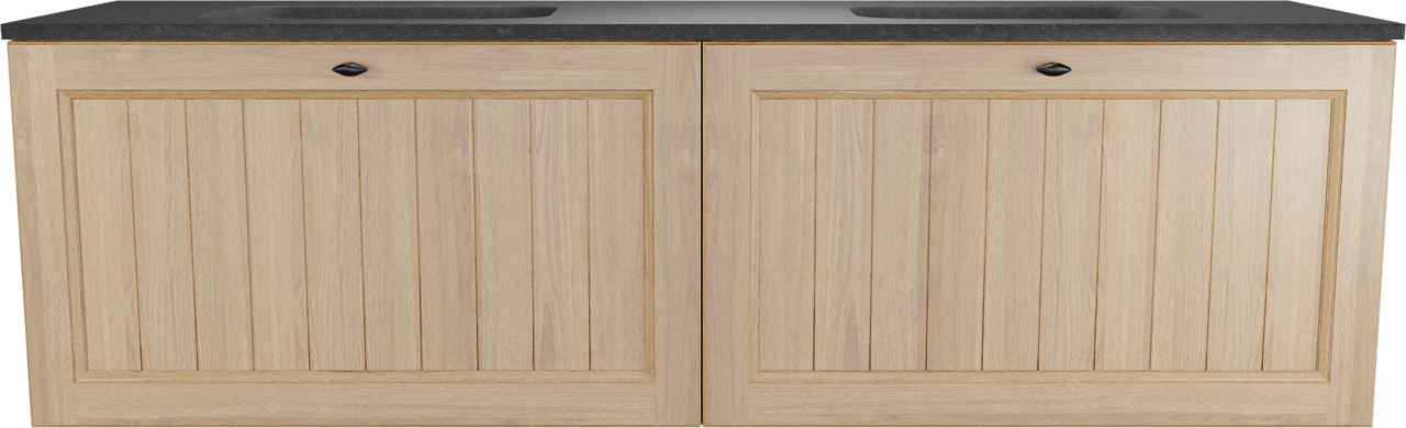 Balmani Lemon zwevend badkamermeubel 180 x 55 cm, fineer natuur eik met Tablo Arcato dubbele wastafel in graniet zwart