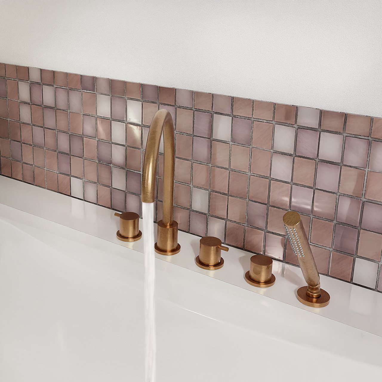 Blaufoss Round 5 trous Robinet de baignoire sur gorge Brushed Rosegold set douchette incl.