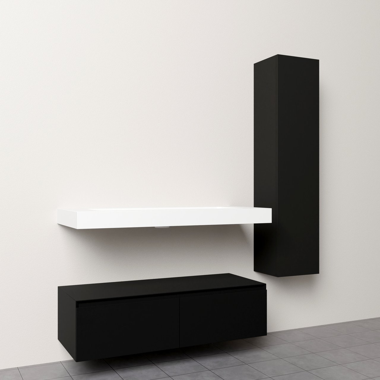 Storke Edge Modulo meuble salle de bains suspendu 120 x 52 cm noir mat avec Mata High plan simple en solid surface blanc mat et Edge Modulo colonne salle de bains