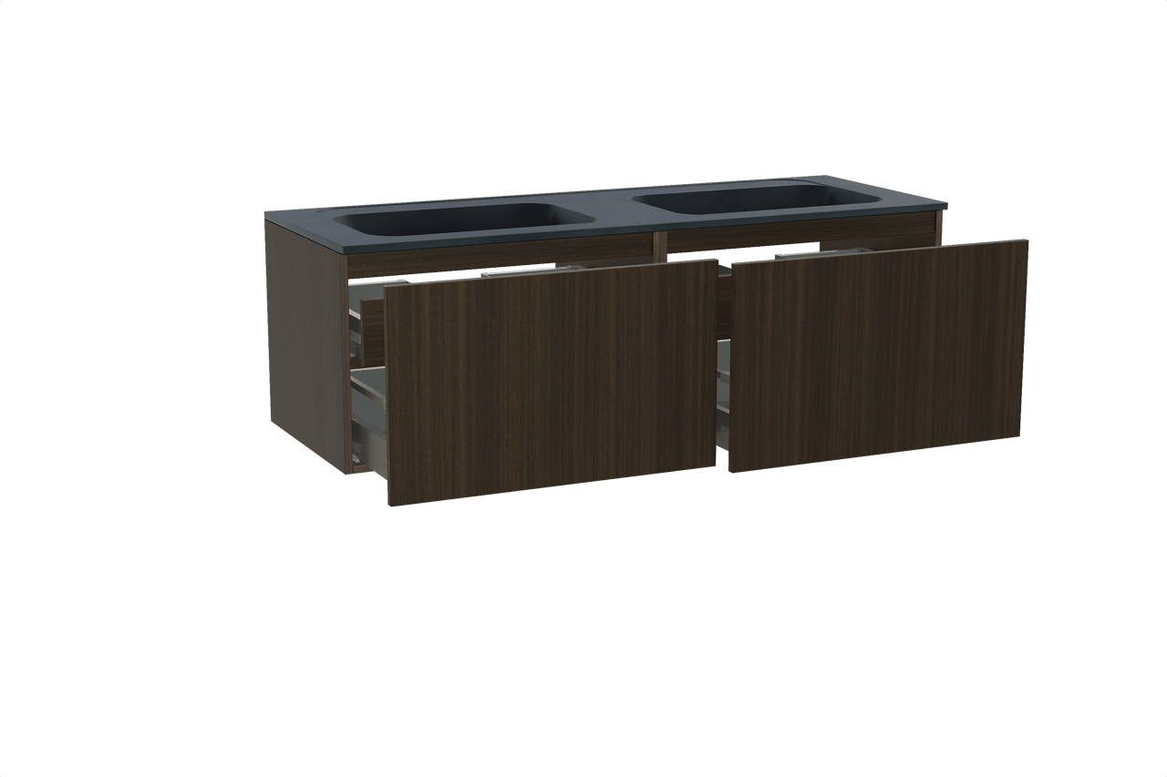 Balmani Sfera zwevend badmeubel 150 x 55 cm eucalyptus met Tablo Strada dubbele wastafel in composietmarmer mat zwart