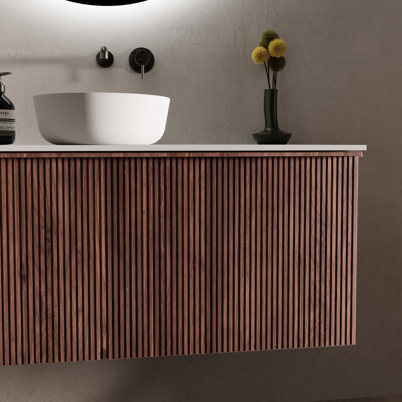 Balmani Forma zwevend badmeubel 120 x 55 cm amerikaans notenhout met Tablo Arcato enkele wastafel voor 2 kraangaten in marmer portoro gold, Verticale symmetrische rechte ribbel